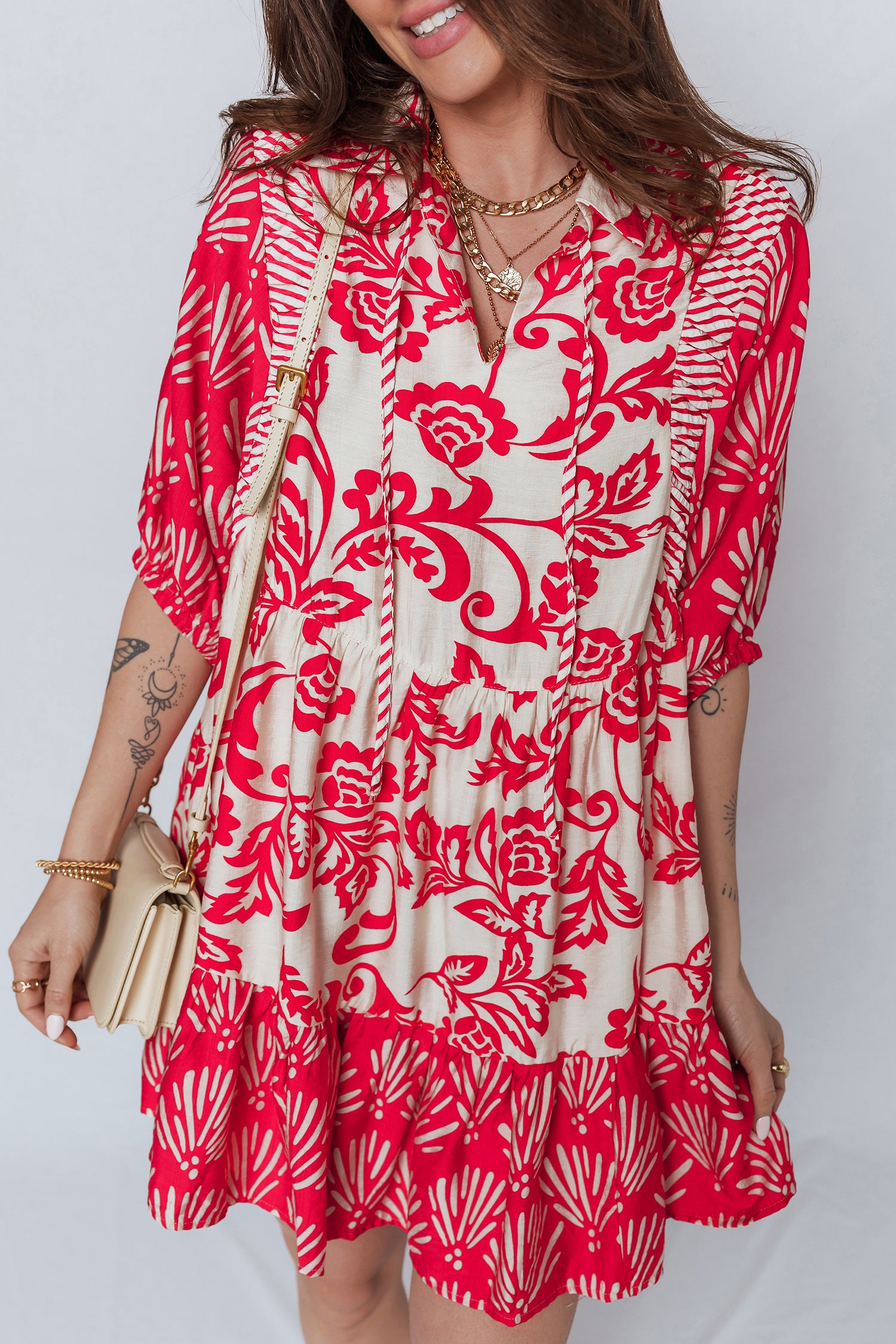 Collared V-Neck Half Sleeve Loose Floral Mini Dress
