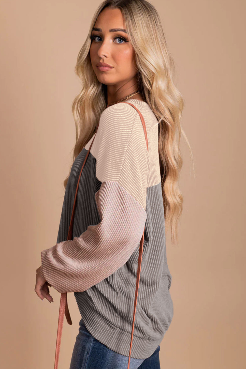 Multicolour Colour Block Long Sleeve Ribbed Loose Top eAura