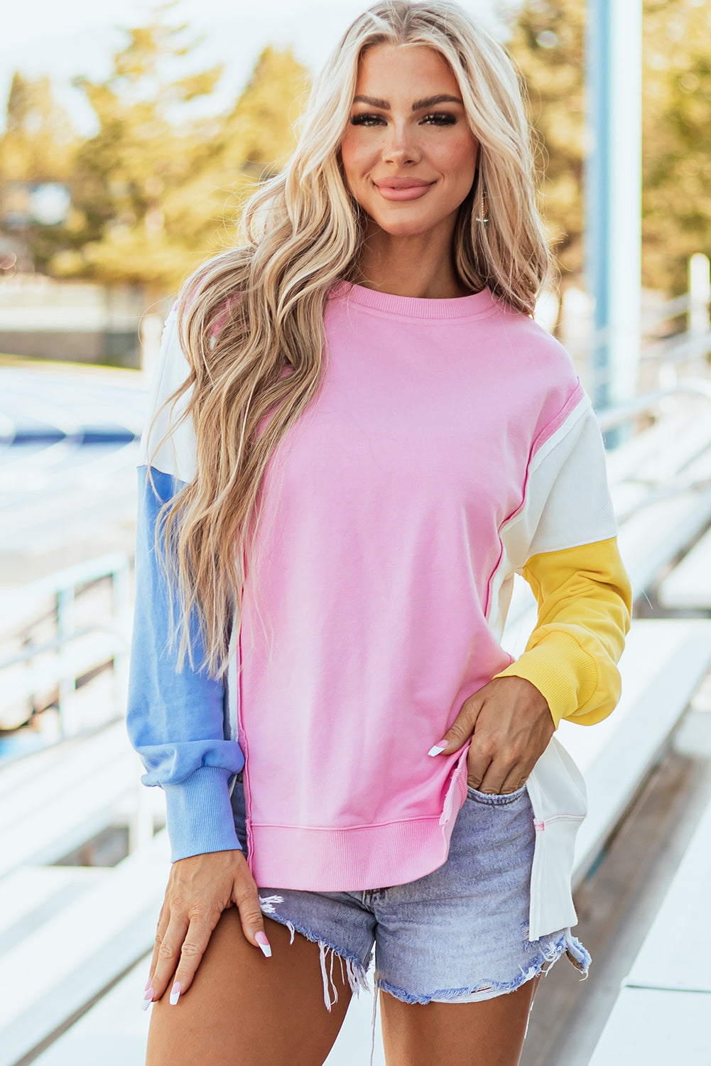 Bonbon Colour Block Exposed Seam Side Slits Crewneck Sweatshirt eAura