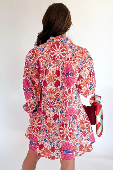 Fall Flower Print Long Sleeve Mini Dress - Dresses/Mini Dresses