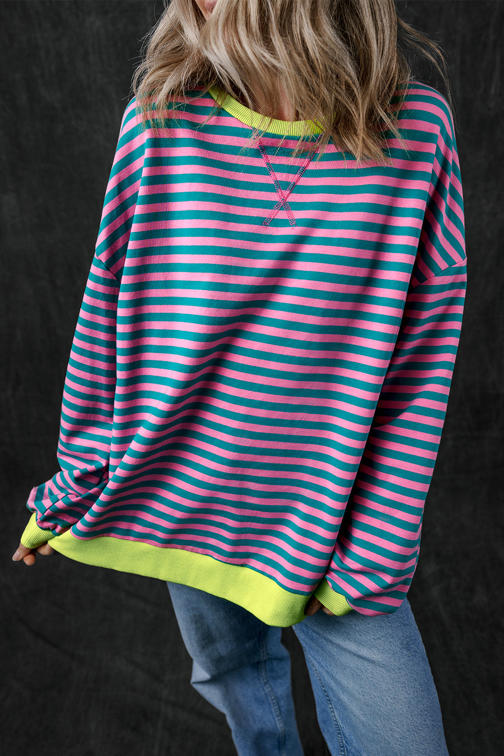 Sky Blue Stripe Oversized Contrast Trim Pullover Sweatshirt BB Fashion Outlet