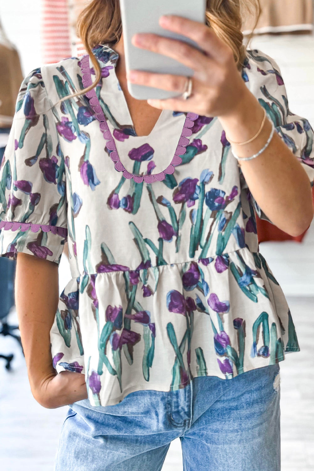Purple Floral Ricrac Trim Half Sleeve Peplum Top eAura