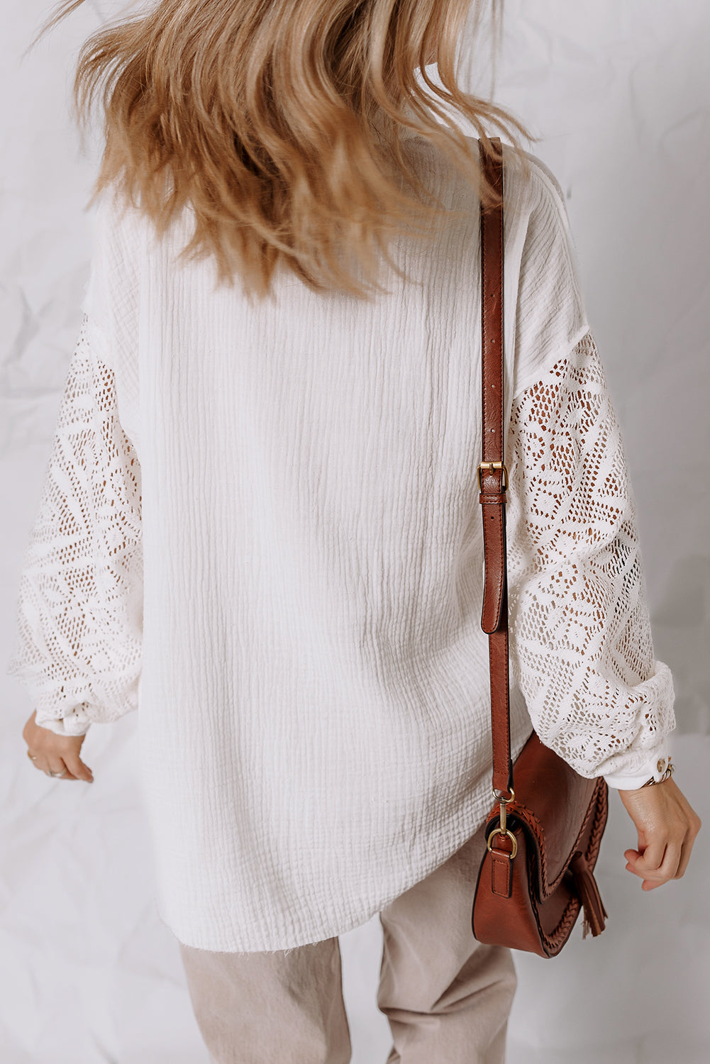 White Cotton Gauze Lace Patchwork Long Sleeve Shirt - eAura