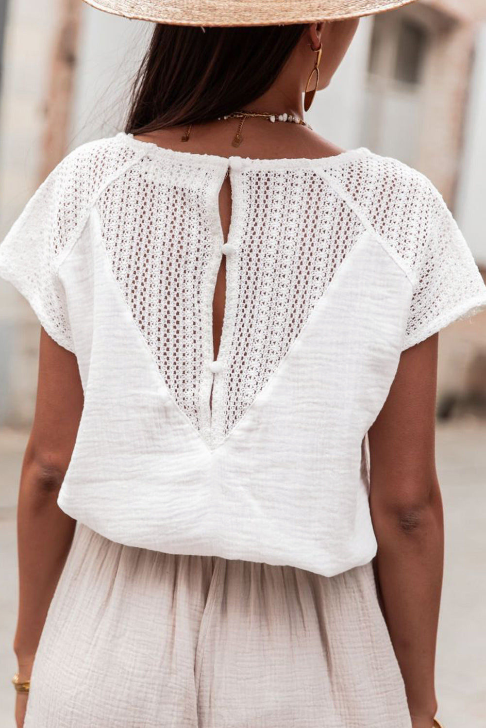 White Lace Crochet Textured Button Back V Neck T Shirt eAura