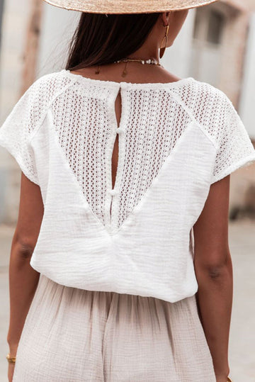 White Lace Crochet Textured Button Back V Neck T Shirt eAura