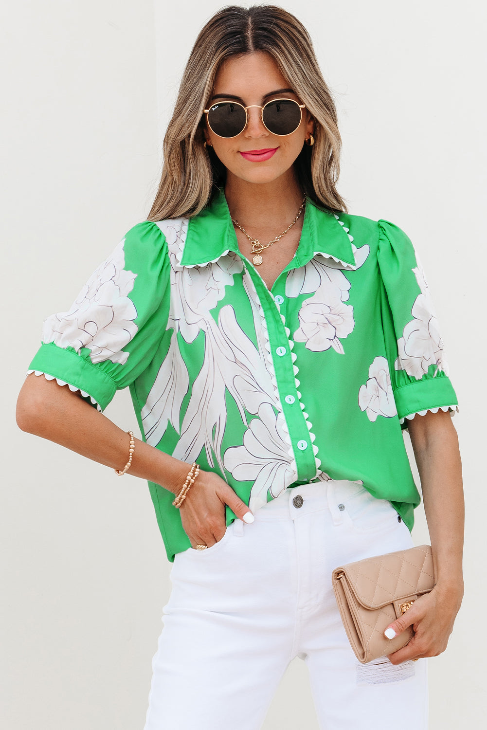 Green Floral Ric Rac Edge Puff Short Sleeve Shirt eAura