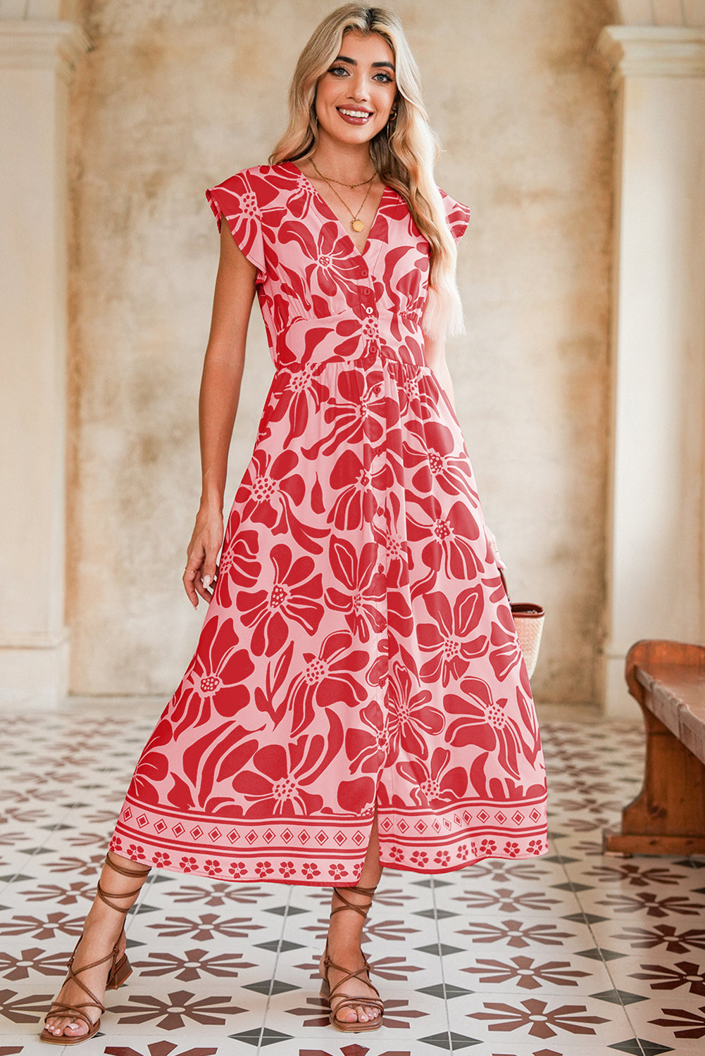 Boho Floral V-Neck Ruffle Shoulder Maxi Dress