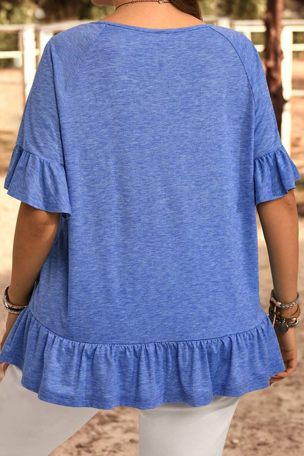 Dusk Blue Ruffled Short Sleeve Plus Size Casual Top BB Fashion Outlet