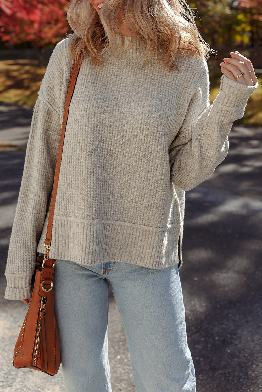 Waffle Texture Knit Ribbed High Neck Drop Shoulder Sweater - eAura