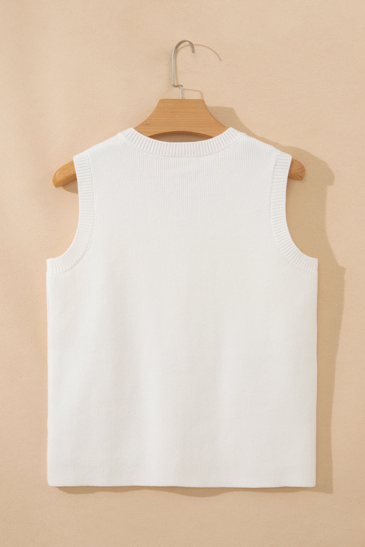 White Sleeveless Knit Button Pocketed Sweater