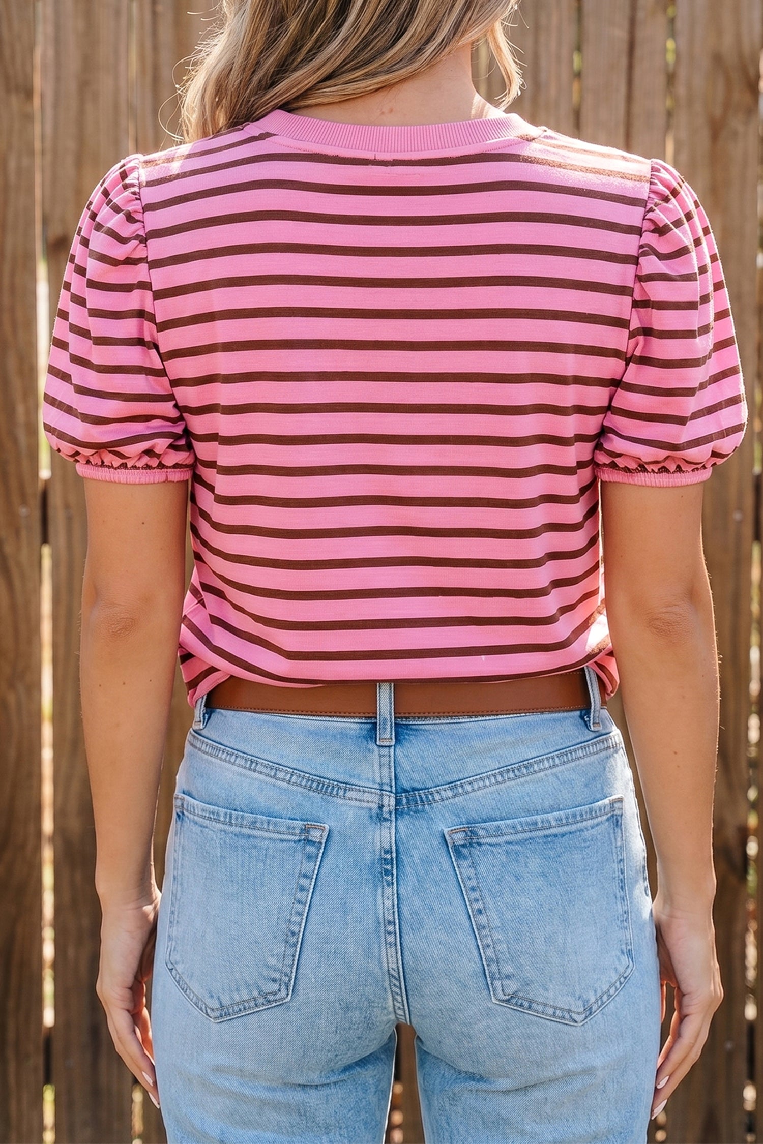 Rose Stripe V-Neck Puff Sleeve Top – Ribbed Collar & Cuff Detail