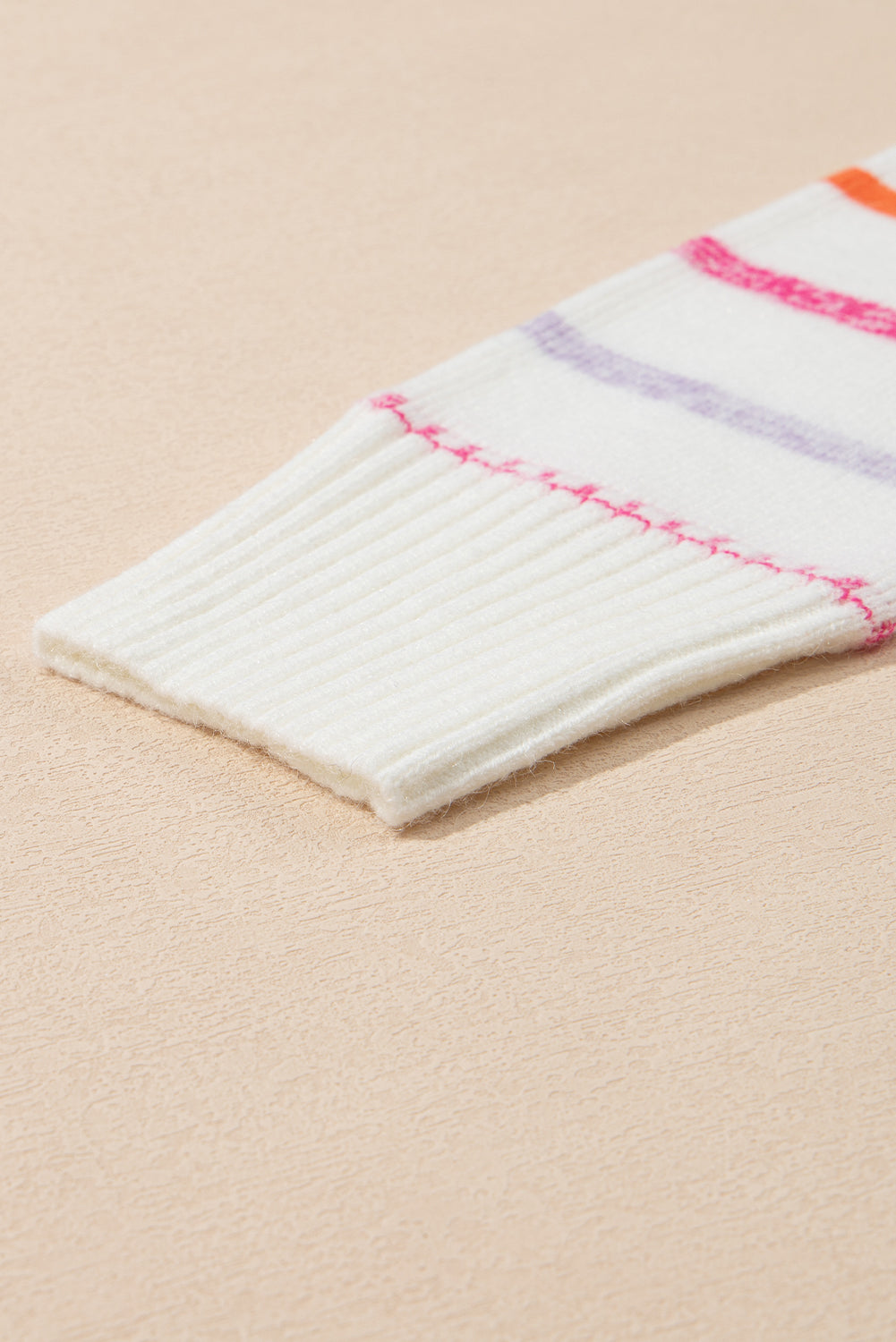 White Colourful Striped Ribbed Trim Sweater eAura