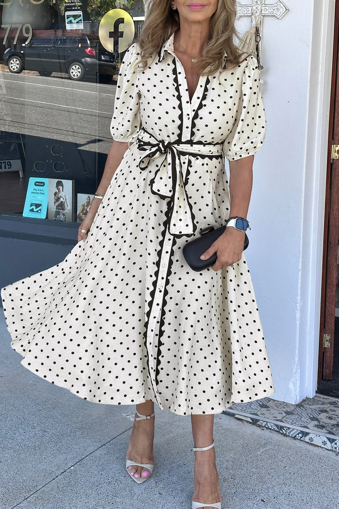 Polka Dot Printed Contrast Scalloped Trim Shirt Collar Button Down Belted Midi Dress