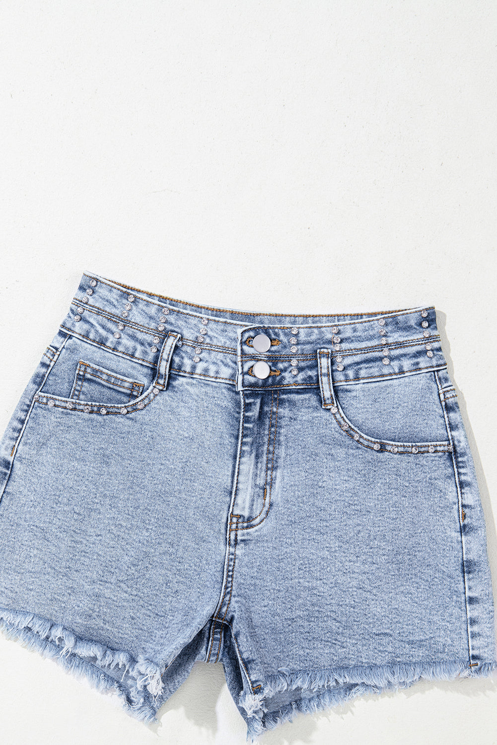 Beau Blue Rhinestone Light Wash Raw Hem High Waist Denim Shorts eAura