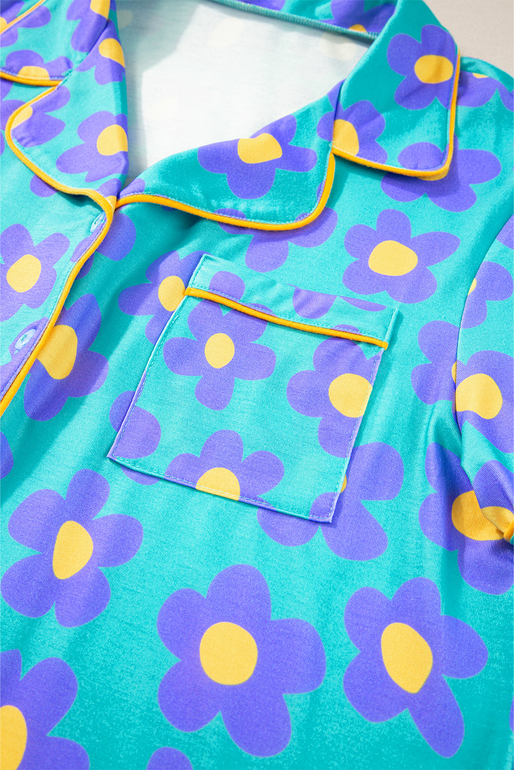Green Flower Print Short Sleeve Shirt Pyjamas Set eAura