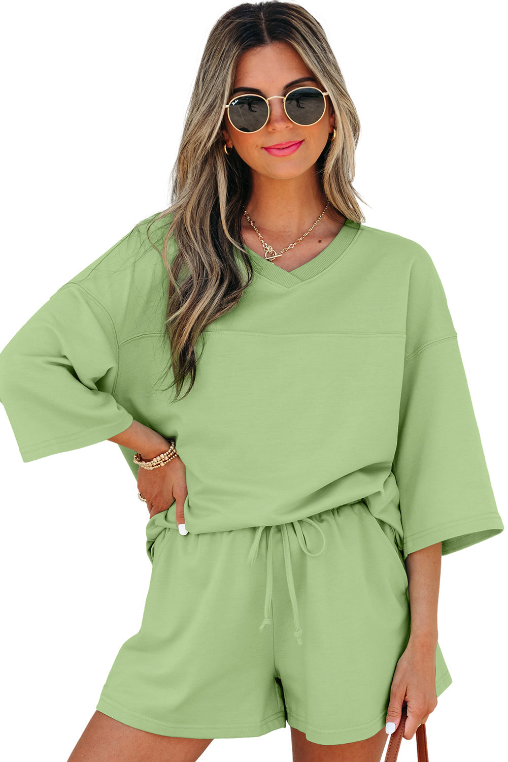 Meadow Mist Green Solid Loose V Neck Half Sleeve Tee and Shorts eAura