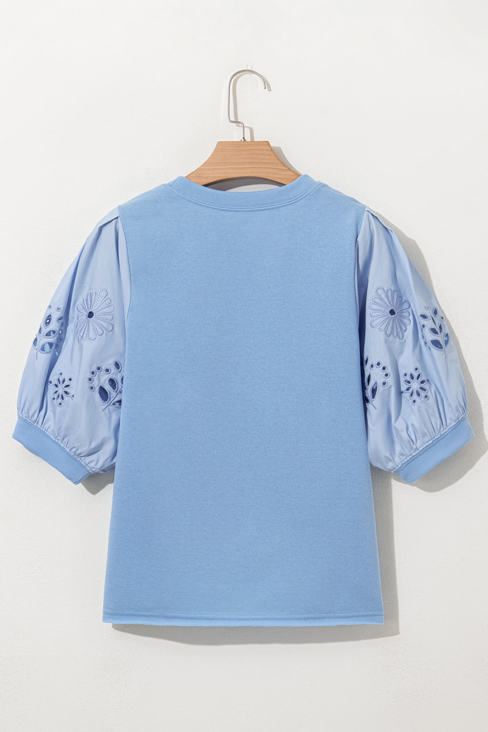 Beau Blue Eyelet Flower Embroidered Puff Short Sleeve Patchwork Crew Neck Blouse eAura