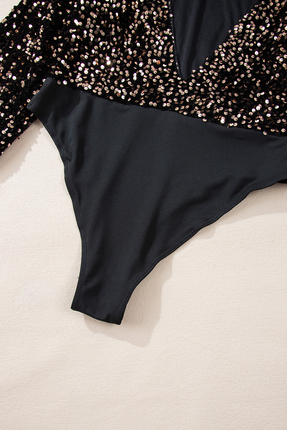 Black Deep V-Back Sequin Puff Sleeve Bodysuit - eAura