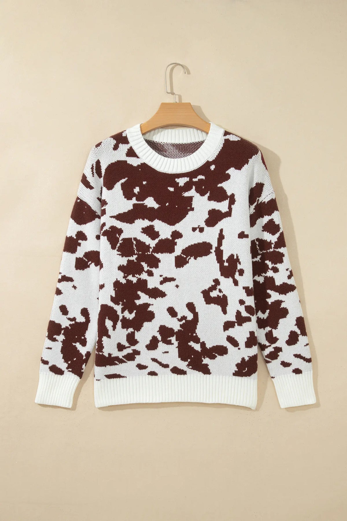 Western Print Cow Pattern Long Sleeve Round Neck Pullover Knitwear Sweater