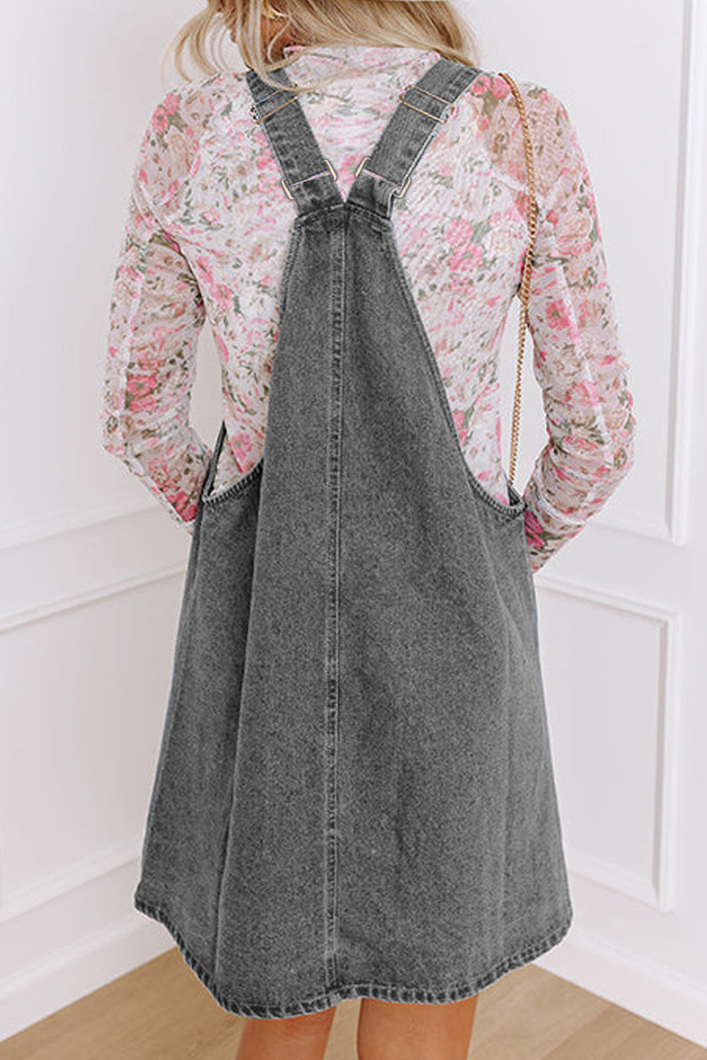 Medium Grey Wide Strap Button Front Pocketed Denim Mini Dress eAura
