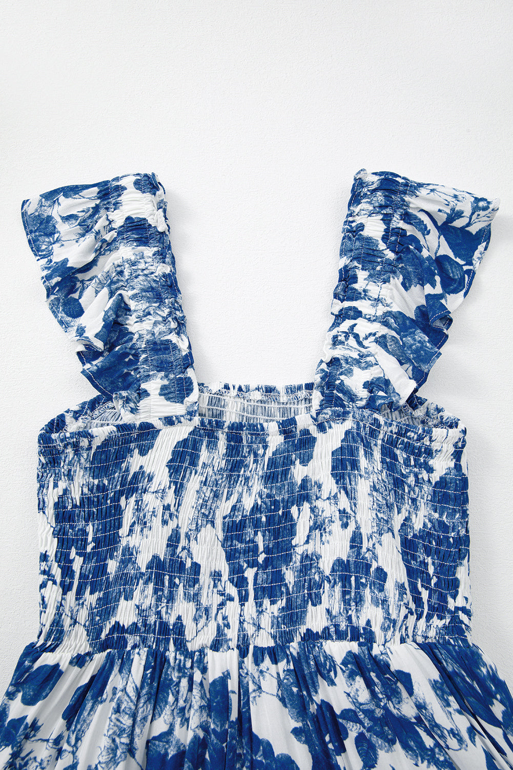 Blue Floral Ruffle Strap Square Neck Smocked Bodice Midi Dress eAura