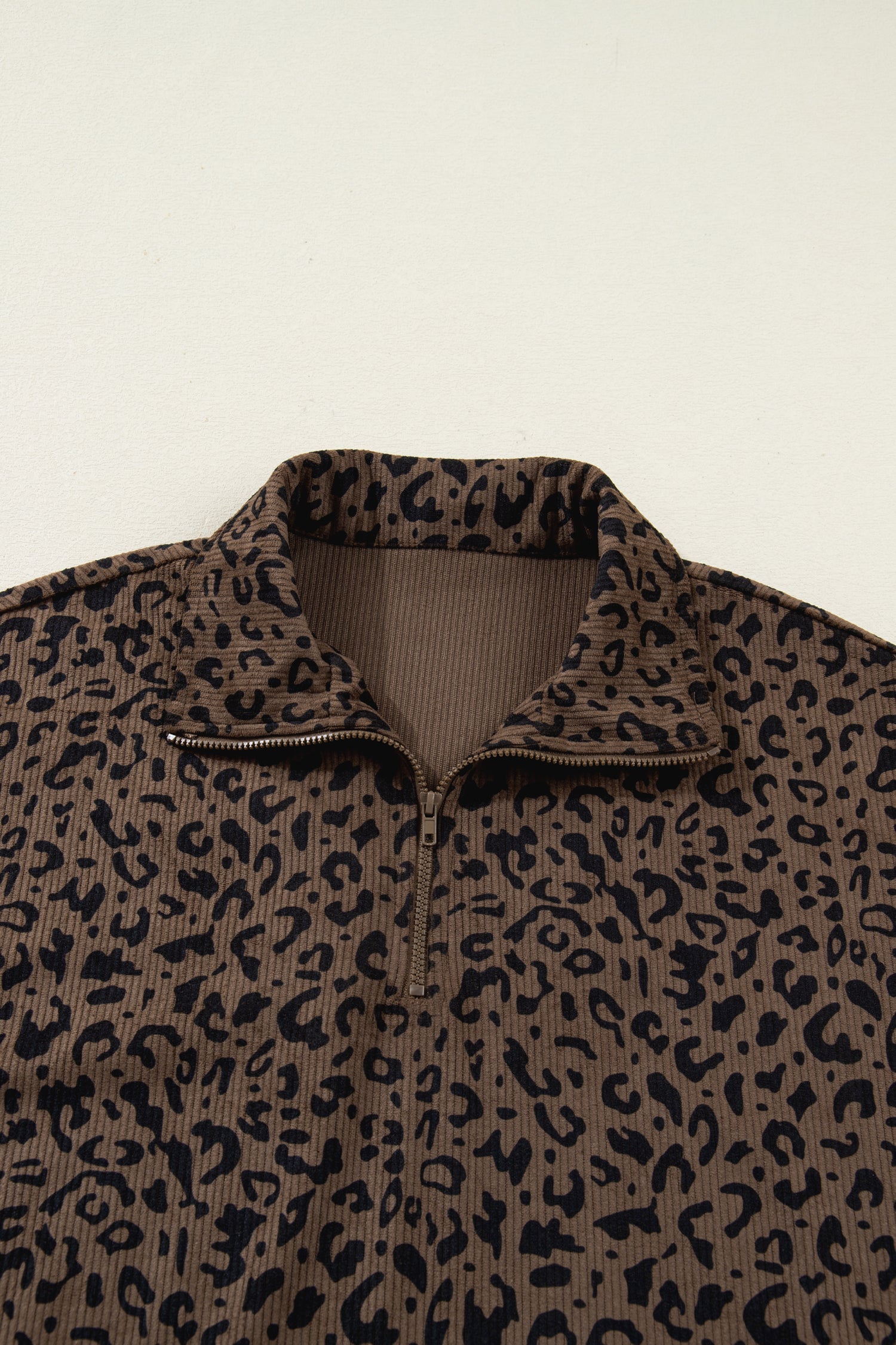 Leopard Print Quarter Zip Soft Corduroy Sweatshirt - Tops/Sweatshirts & Hoodies
