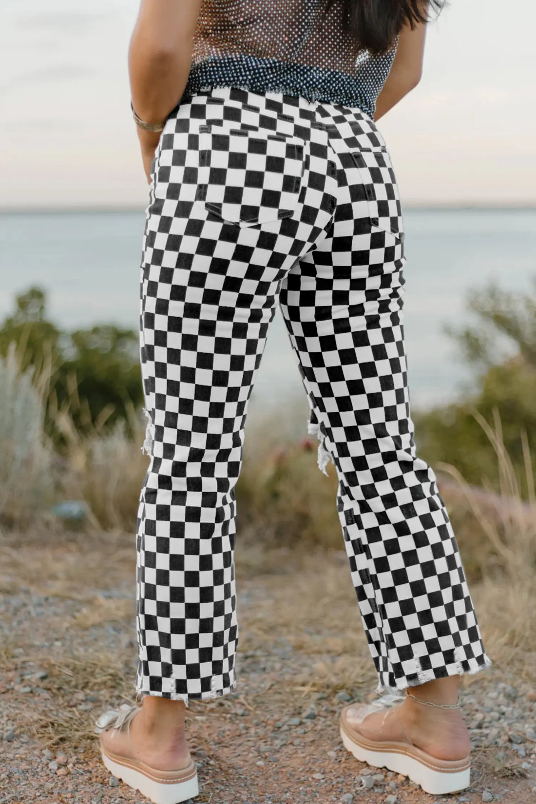Checkerboard Print Distressed Holes Raw Edge Cropped Jeans
