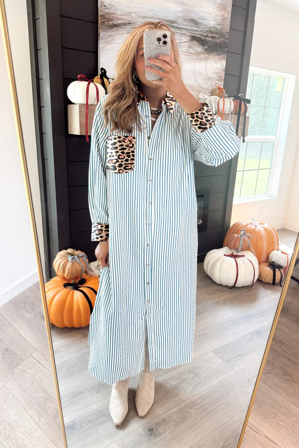 Stripe Contrast Leopard Patchwork Long Shirt Dress with Slits - Dresses/Maxi Dresses