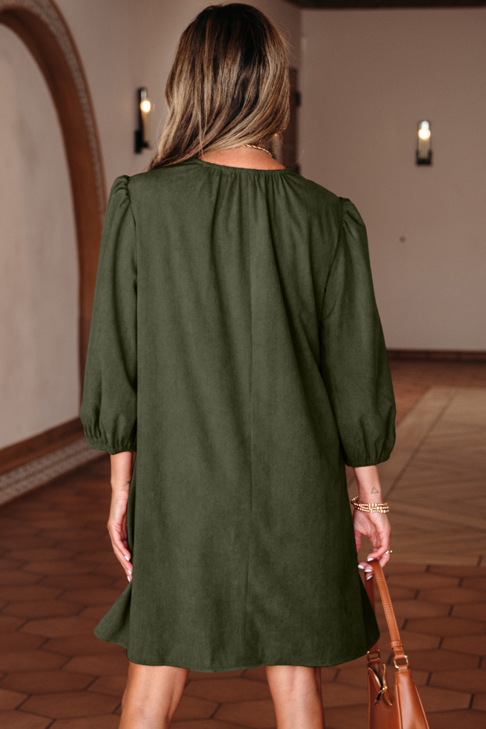 Bracelet Sleeve Split Neck Scallop Detail Pleated Soft Cord Mini Dress - eAura