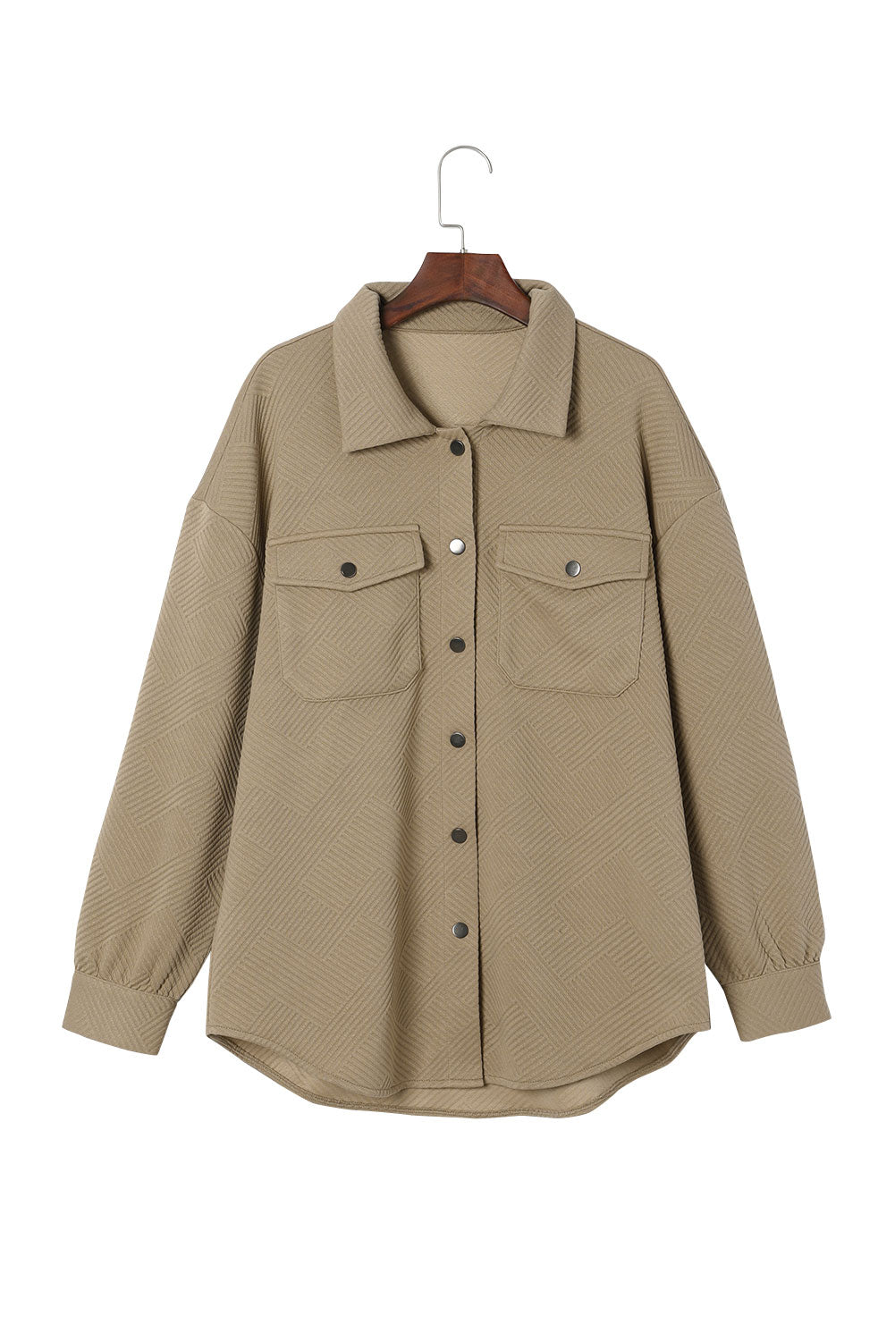 Khaki Solid Textured Flap Pocket Buttoned Shacket Beagle Boutique Fashion Outlet