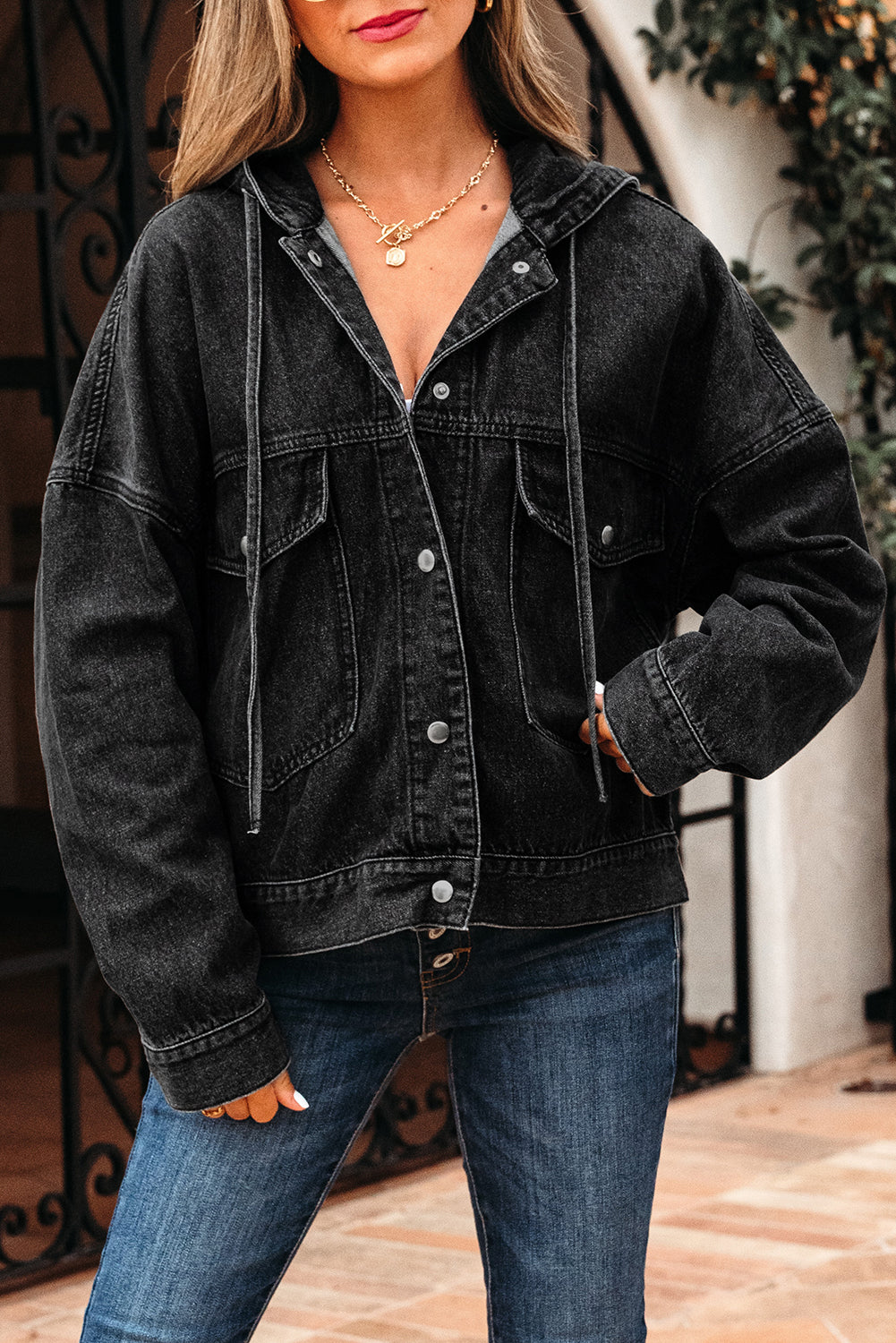 Black Big Chest Pocket Drop Shoulder Hooded Denim Jacket eAura