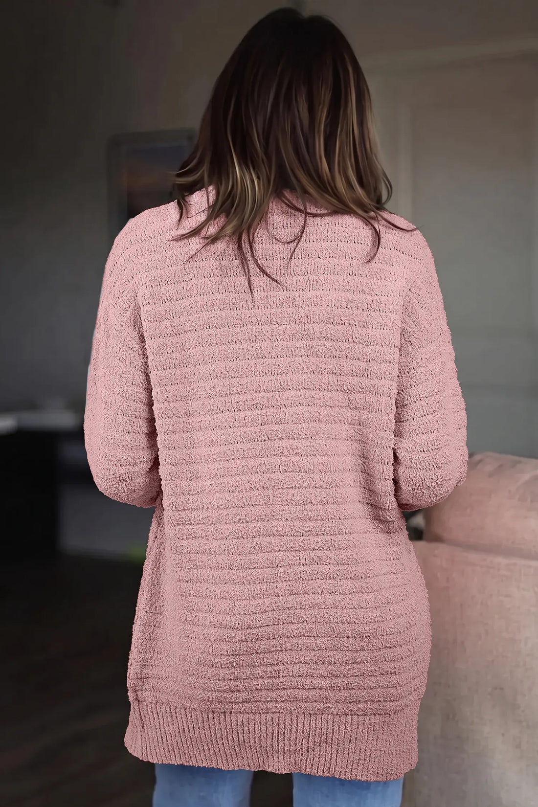 Open Front Soft Fuzzy Ribbed Sweater Cardigan – Light Pink
