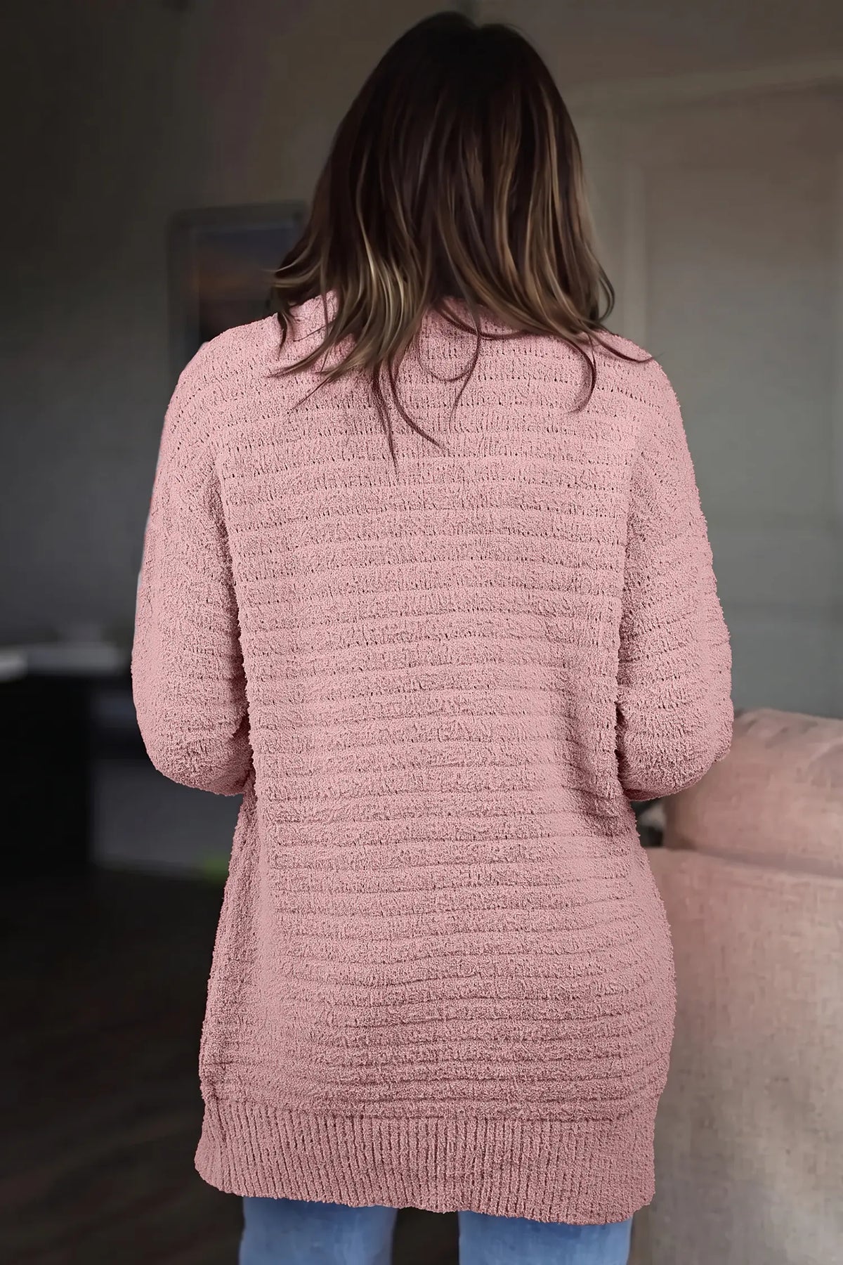 Open Front Soft Fuzzy Ribbed Sweater Cardigan – Light Pink
