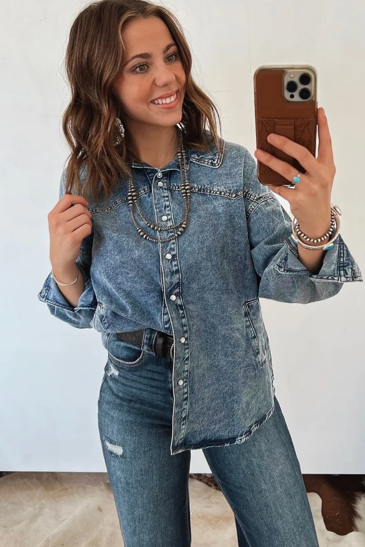 Western Long Sleeve Shirt Collar Tunic Denim Jacket – Dusk Blue