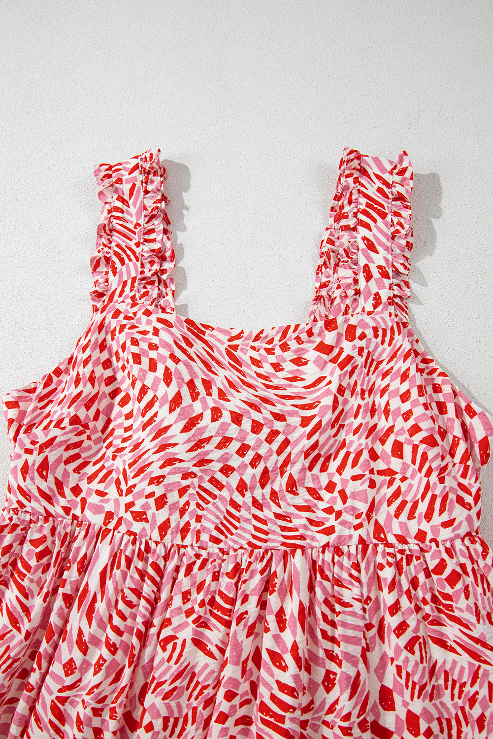 Pink Geometric Print Knot Back Sleeveless Ruffle Hem Dress eAura