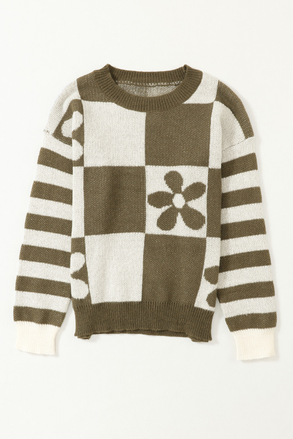 Brown Checkered Floral Print Striped Sleeve Sweater eAura