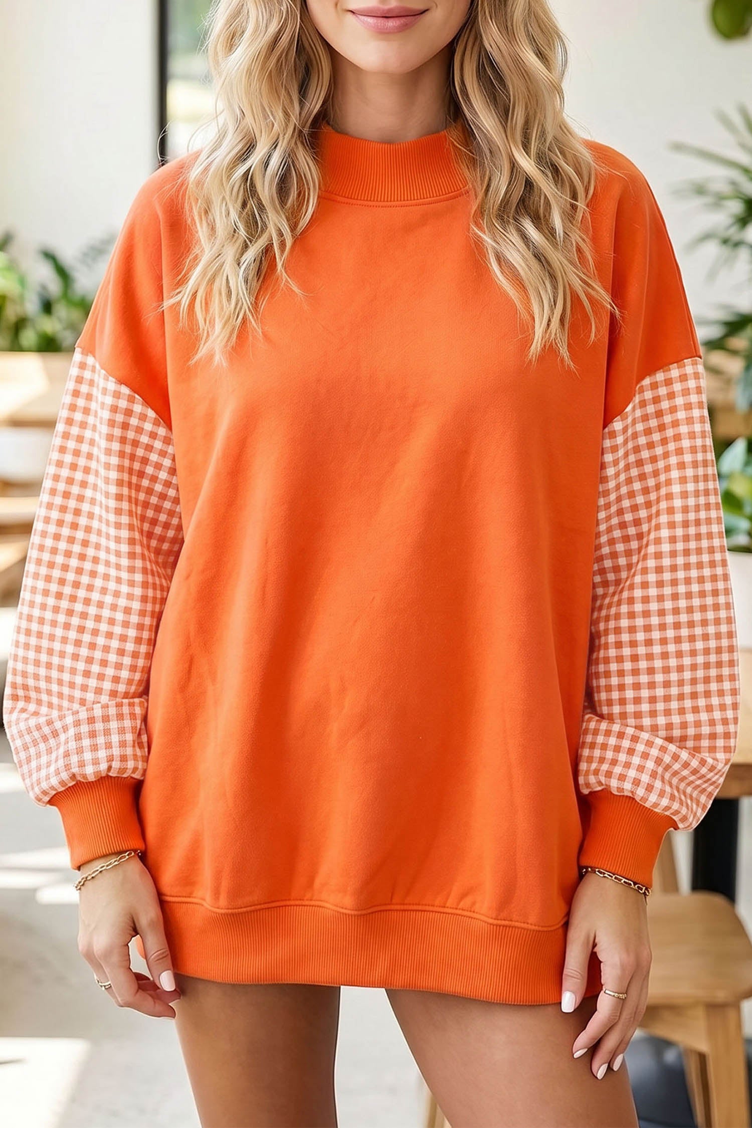 Plaid Sleeve Colorblock Loose Tunic Sweatshirt – Fiery Red