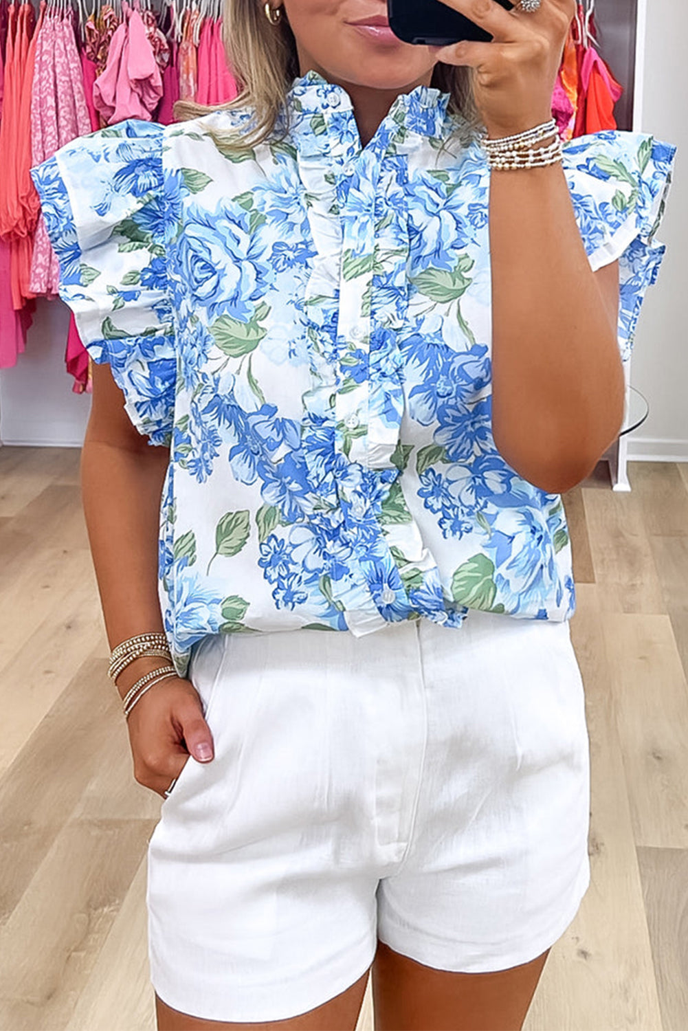 Sky Blue Floral Print Ruffle Sleeve Frilly Button Up Shirt eAura