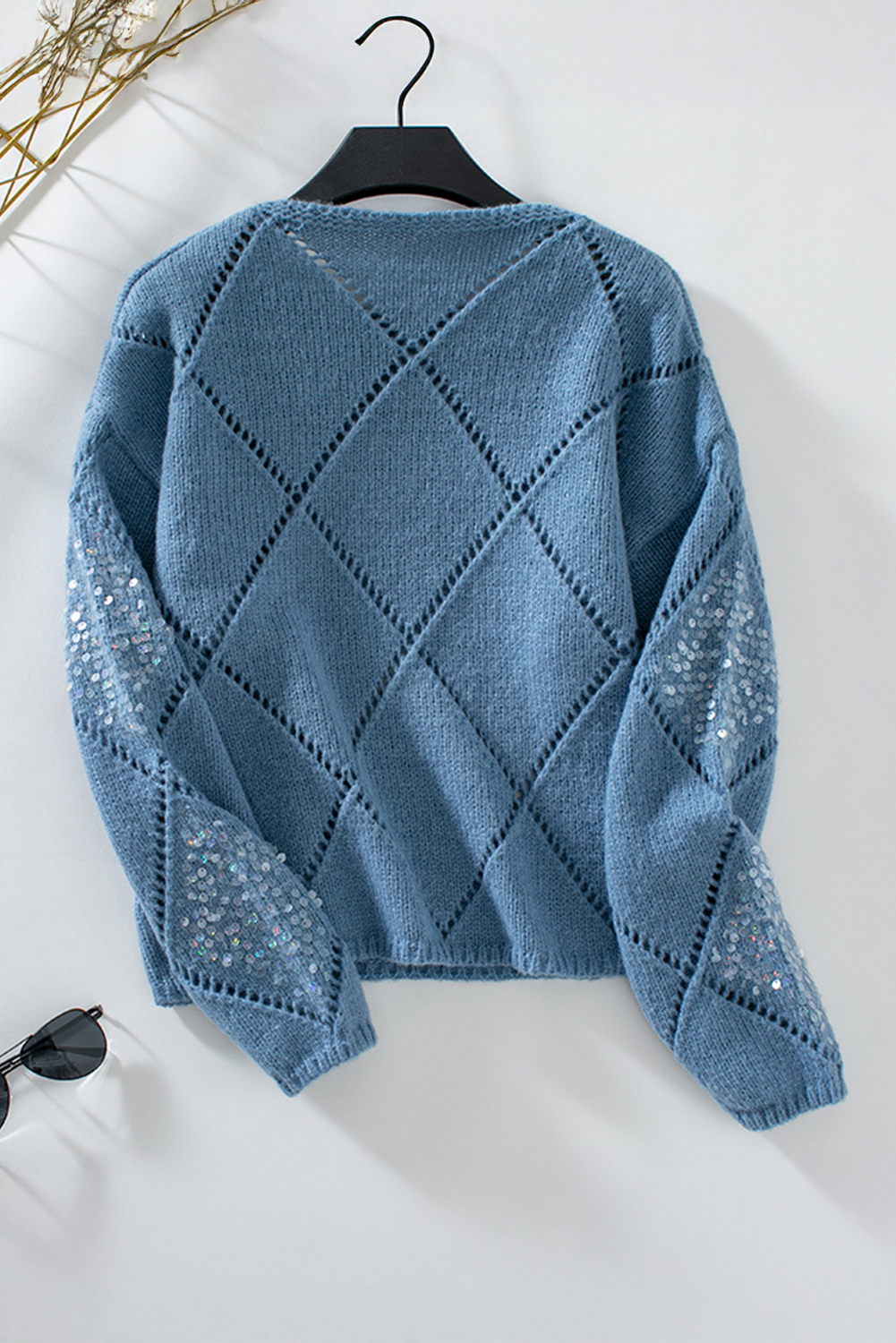 Hollowed Rhombus Pattern Sequin Detail Round Neck Sweater eAura