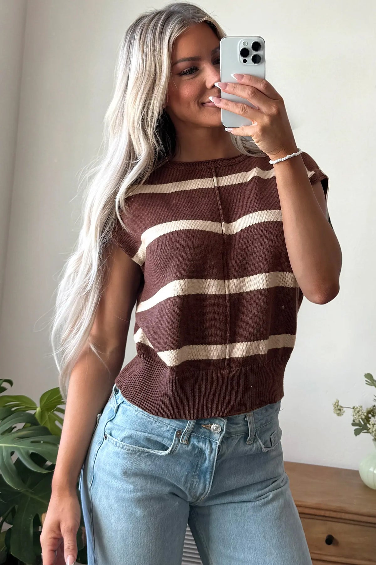 Knit Western Short Sleeve Sweater – Brown Stripe