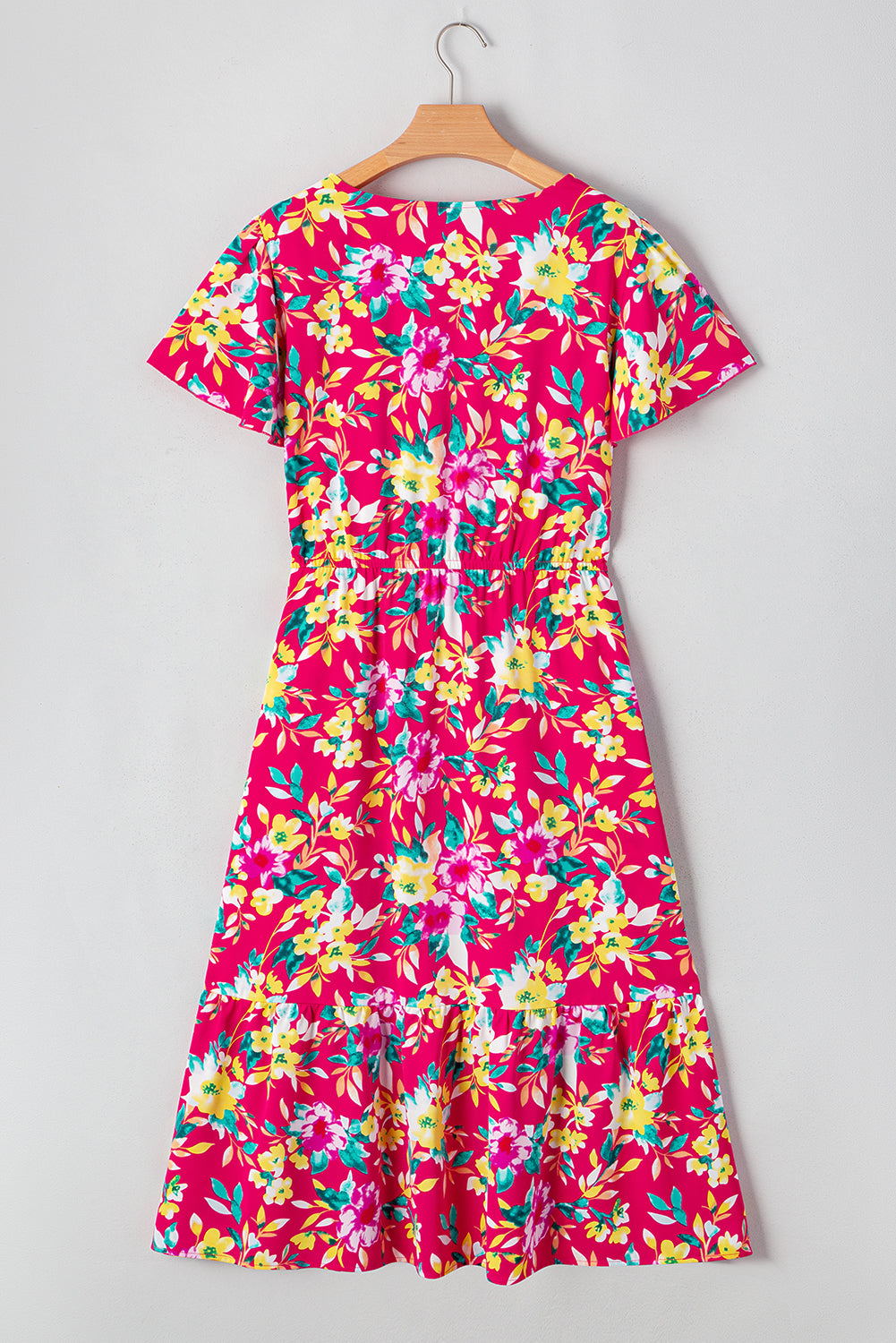 Pink Floral Print V Neck Pocketed High Waist Plus Size Midi Dress BB Fashion Outlet