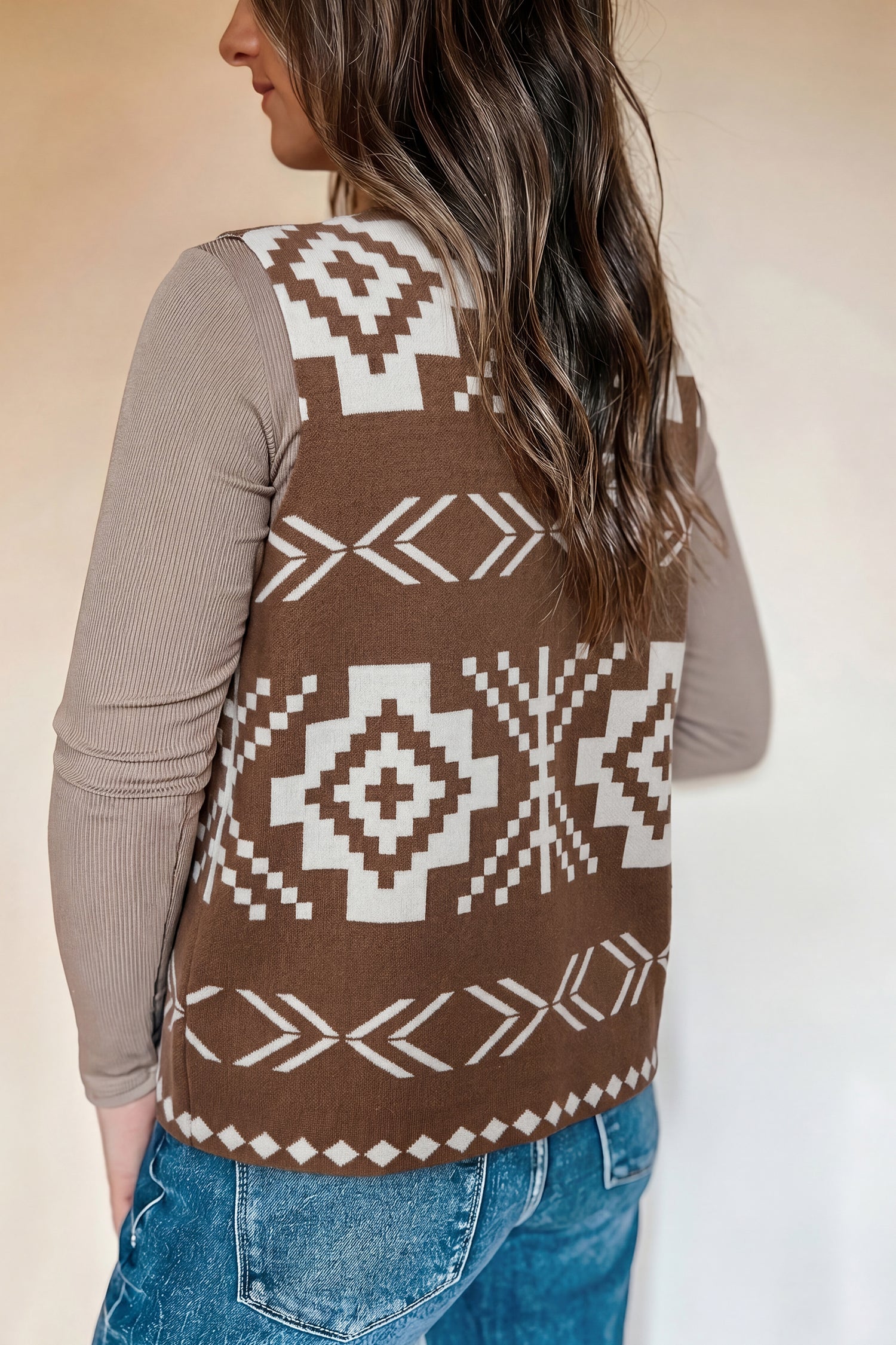 Brown Aztec Button Square Neck Sweater Vest
