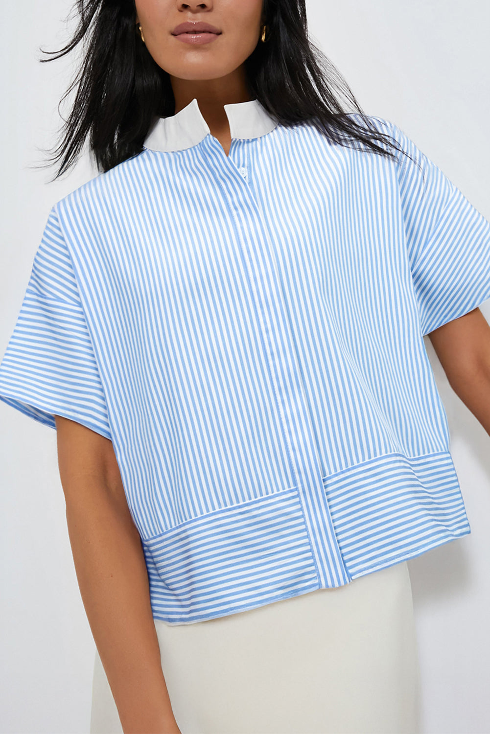 Sky Blue Stripe Contrast Collar Hidden Button Short Sleeve Summer Shirt BB Fashion Outlet