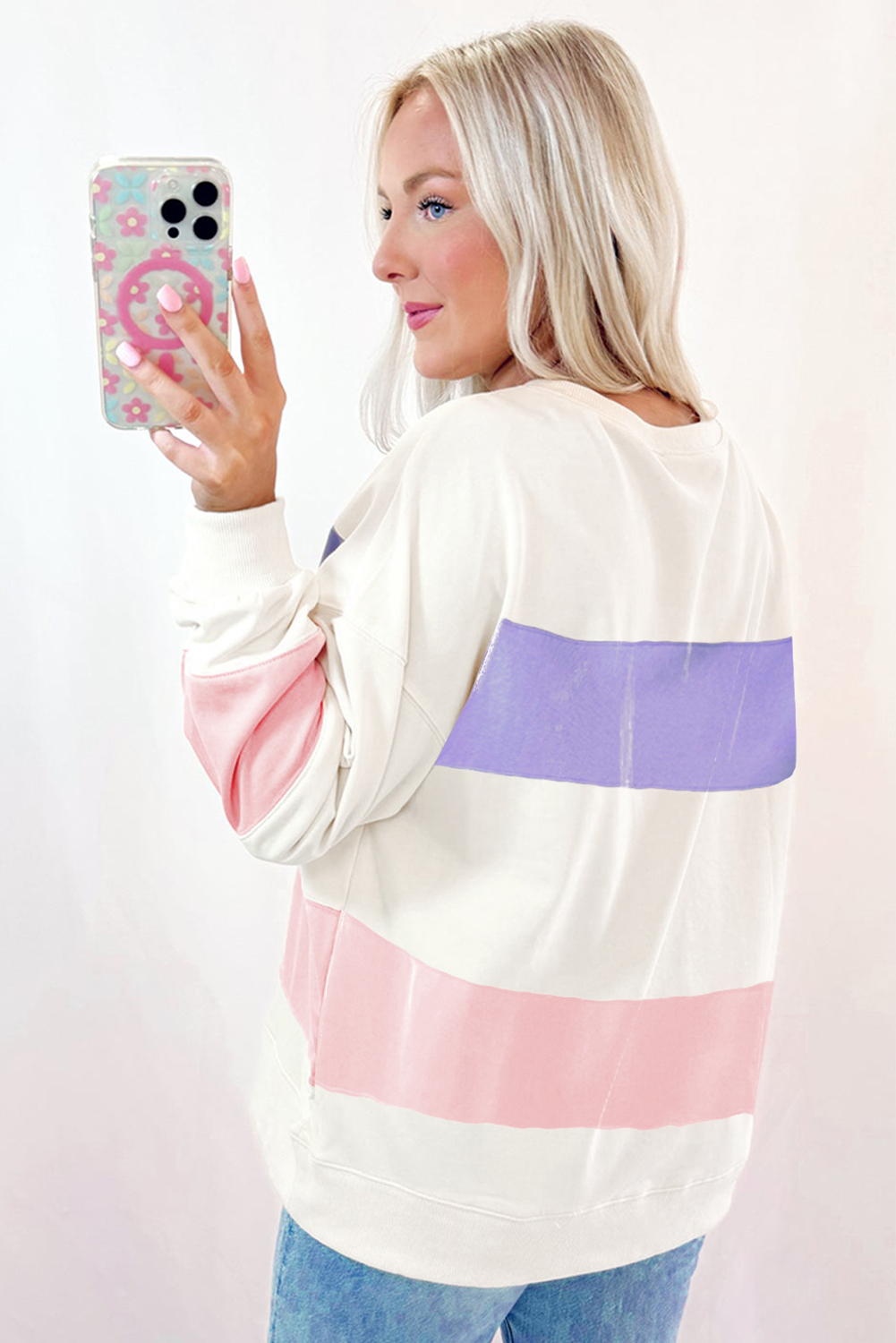 Beige Colourblock Patchwork Drop Shoulder Crewneck Sweatshirt eAura