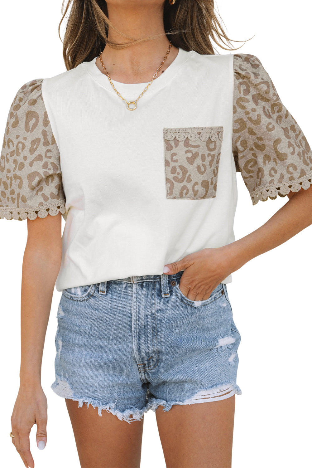 White Leopard Patchwork Crochet Lace Trim Puff Sleeve T Shirt eAura