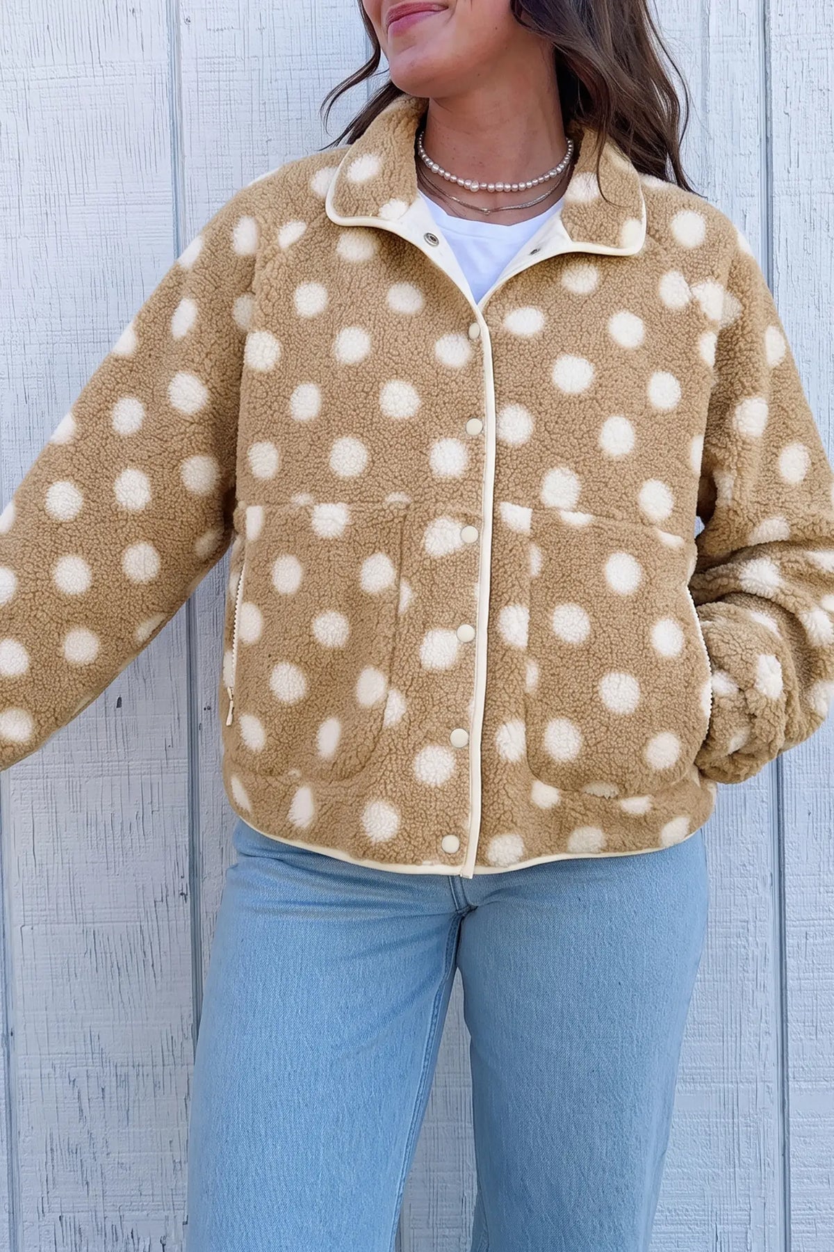 Faux Fur Jacket with Polka Dots and Metal Button Placket
