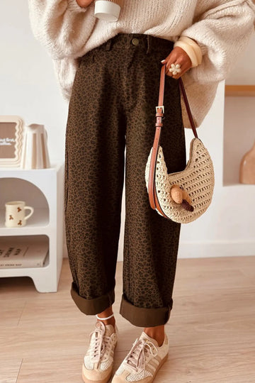 Brown Casual Leopard Print Full-Length Regular Fit Jeans
