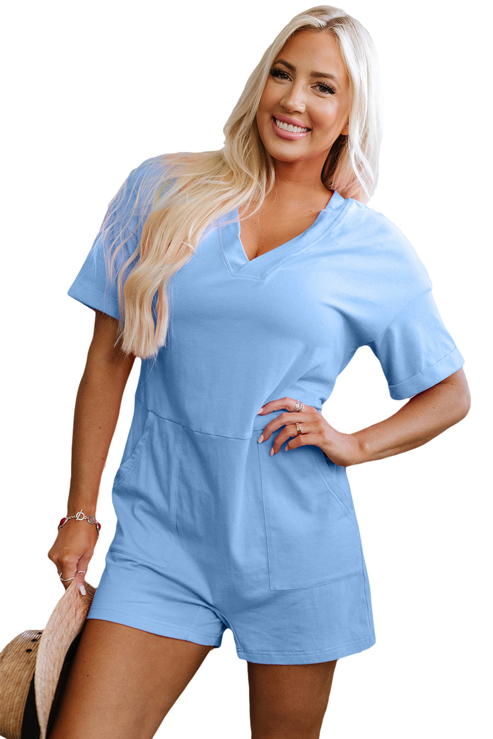 Loose Half Sleeve V-Neck Knit Romper eAura