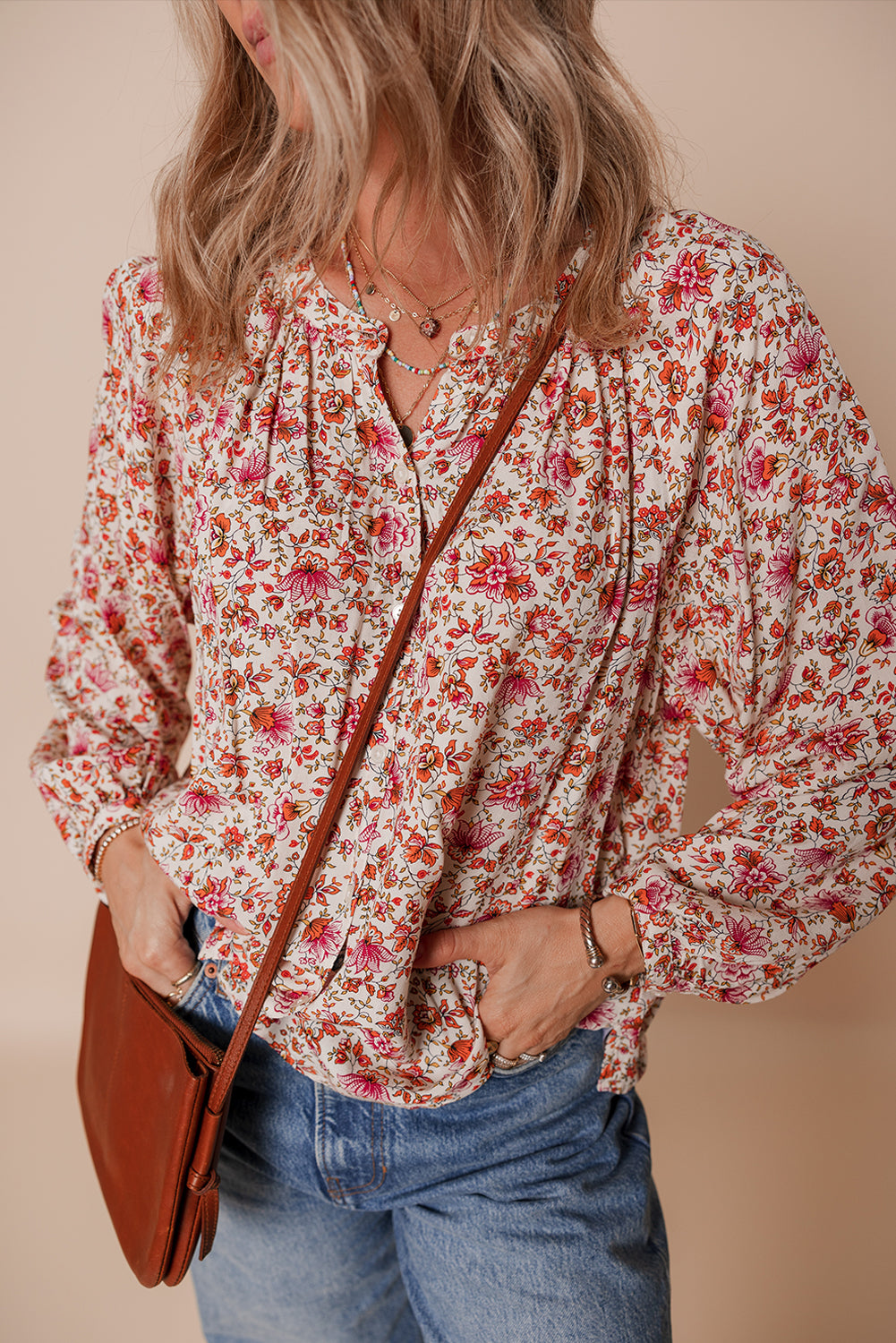 Red Floral Print Pleated Detail Notched Neck Puff Sleeve Blouse - eAura
