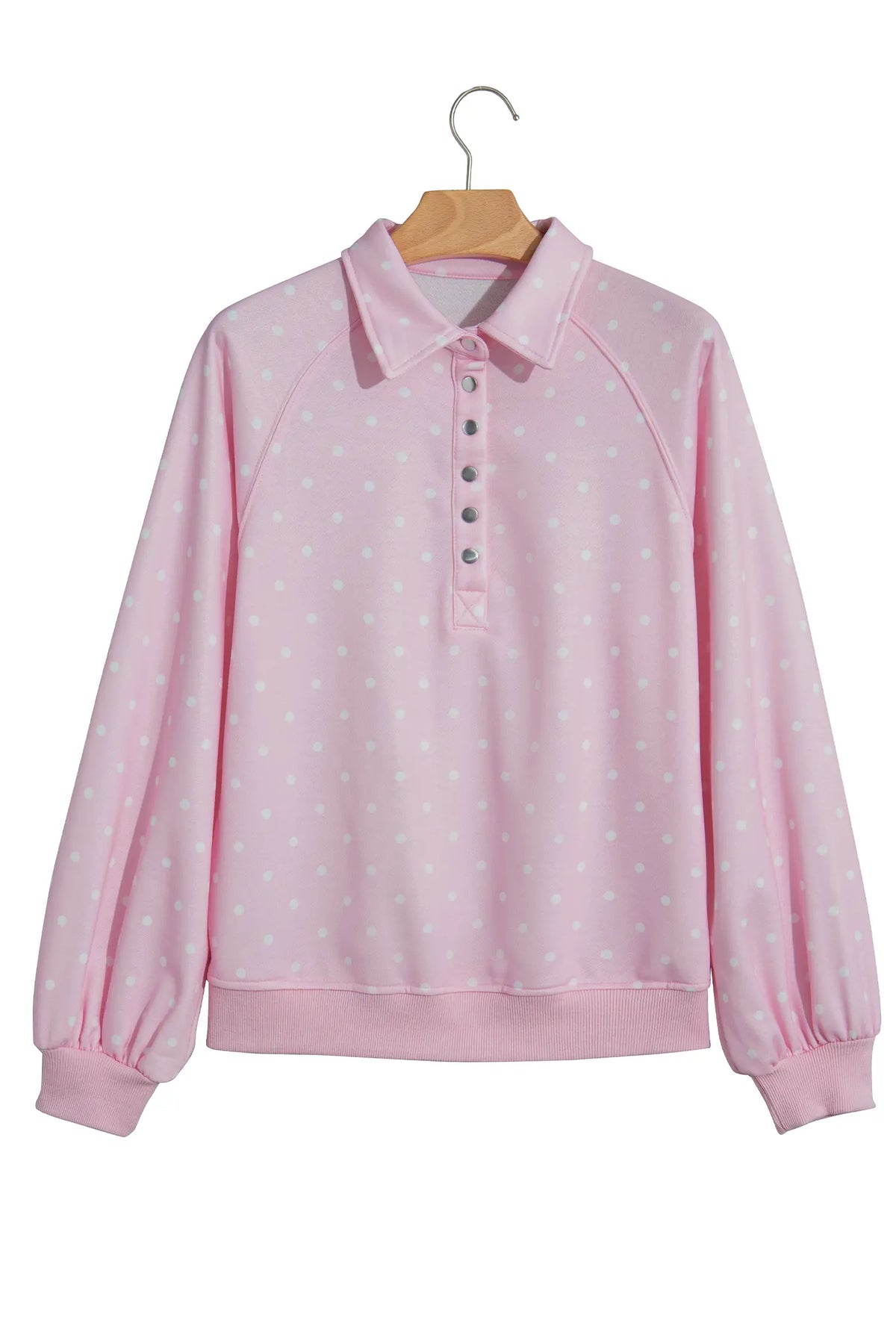 Polka Dot Print Metal Button Collar Casual Pullover Sweatshirt – Pink